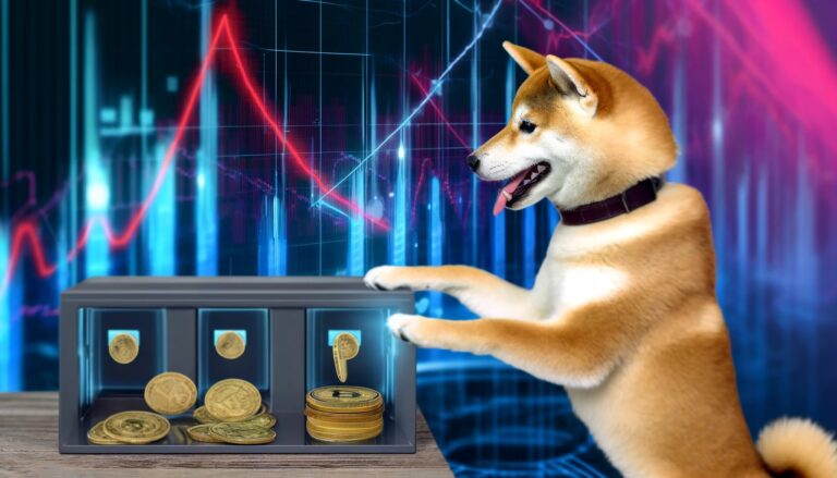 Dall·e 2024 04 17 12.32.29 A Shiba Inu Dog In Front Of A Digital Chart Actively Placing Coins Into A Slot On A Staking Machine. The Scene Conveys A Sense Of Financial Activity.webp.jpeg