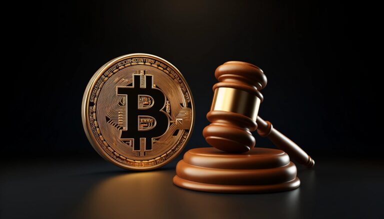 Dall·e 2024 04 25 15.47.56 A Digital Artwork Depicting A Large Golden Bitcoin Symbol And A Traditional Wooden Judges Gavel On A Sleek Modern Black Background. The Bitcoin Sho.webp.jpeg