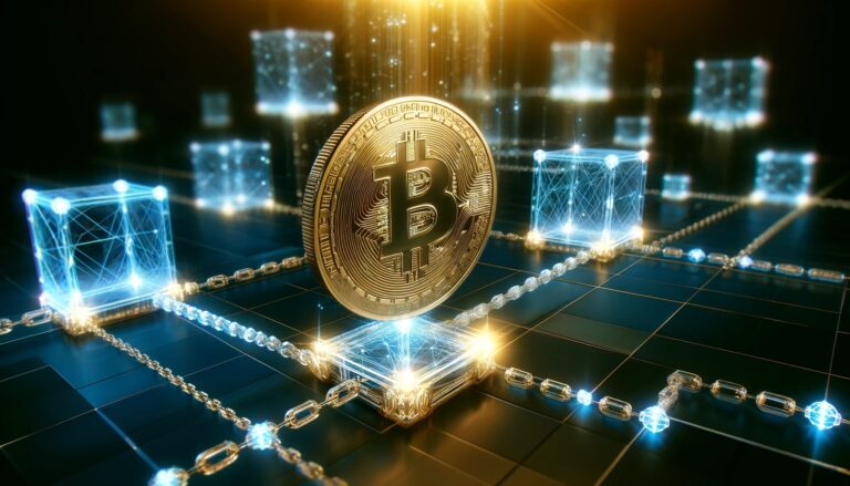 Dall·e 2024 04 30 09.53.37 A Wide Format Visually Striking Image Of A Shiny Golden Bitcoin Coin Prominently Displayed In The Foreground With A Chain Of Interconnected Glowing.webp.jpeg