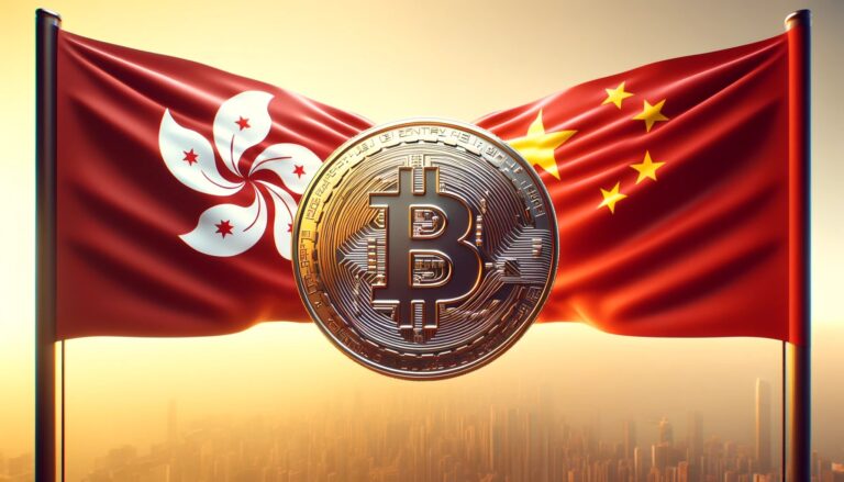 Dall·e 2024 05 06 07.25.09 A Wide Digital Artwork Featuring A Large Shiny Bitcoin Symbol Centered Horizontally Flanked By The Hong Kong Flag On The Left And The Chinese Flag O.webp.jpeg