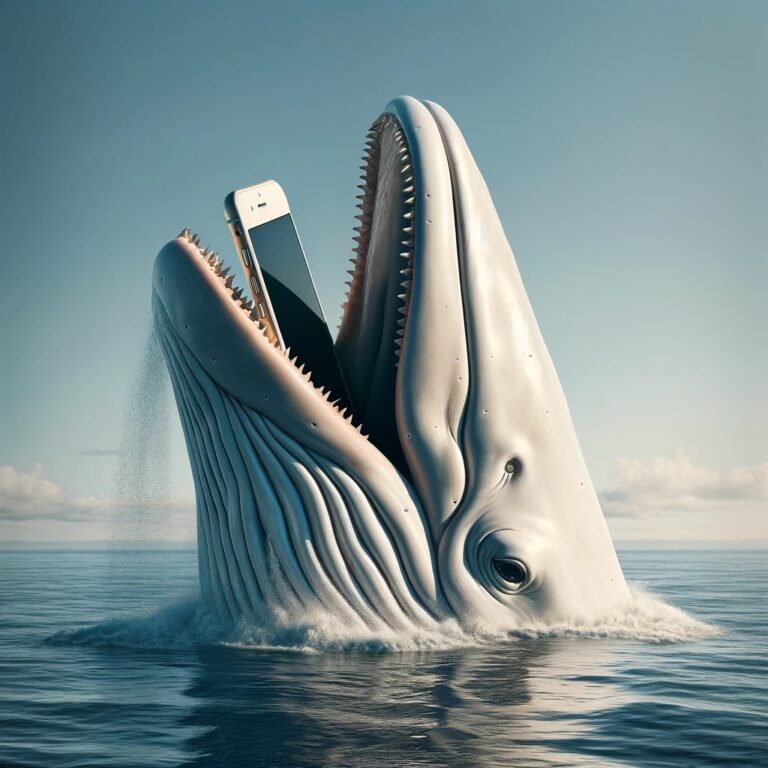 Dall·e 2024 05 08 15.55.01 A Surreal Image Depicting A Large White Whale In The Midst Of Swallowing An Iphone. The Scene Is Set In The Ocean With The Whale Partly Above Water S.jpeg