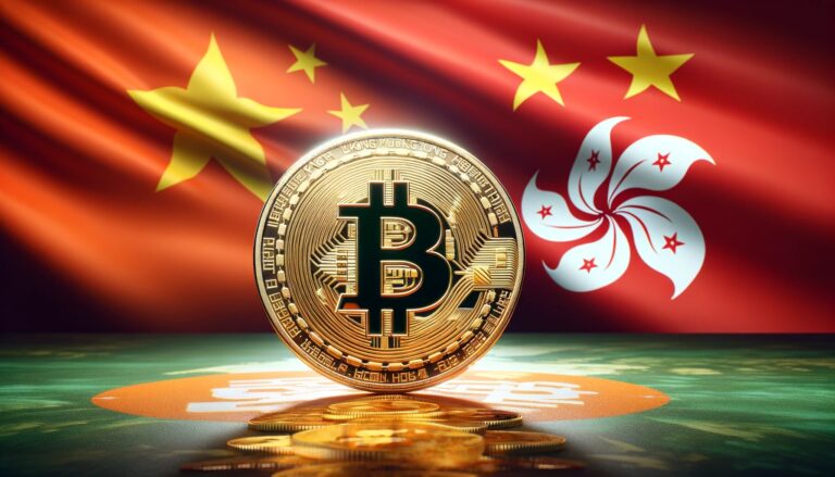 Dall·e 2024 05 10 07.18.41 A Wide Image Featuring A Large Shiny Bitcoin Prominently Displayed In Front Of A Blended Background Of The Hong Kong Flag And The Chinese Flag. The B.webp.jpeg