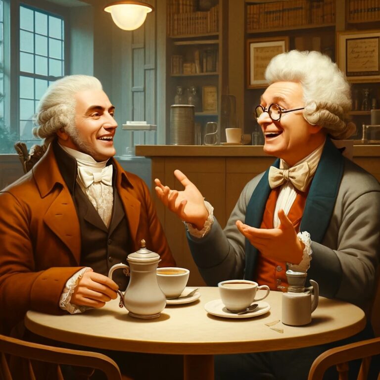 Dall·e 2024 05 17 15.05.47 Adam Smith And Professor Hugh Macaulay Enjoying A Lively Debate Over Coffee In A Cozy Cafe. Adam Smith An 18th Century Economist Is Depicted In Trad.jpeg