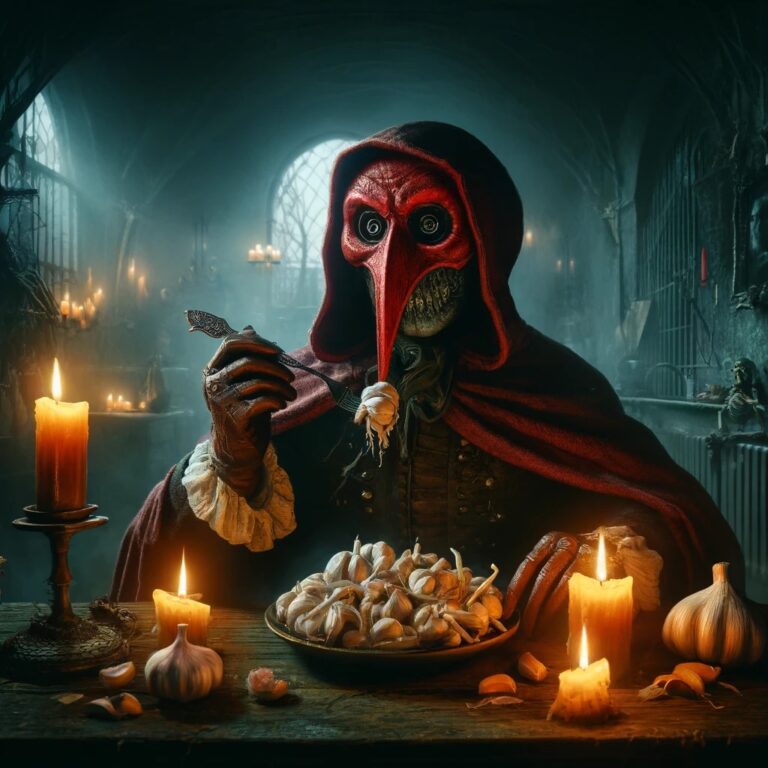 Dall·e 2024 05 18 13.41.53 Poes Mask Of The Red Death Character Eating Chinese Garlic In A Dark Eerie Setting. The Character Wearing A Menacing Red Mask And A Tattered Cloak.jpeg