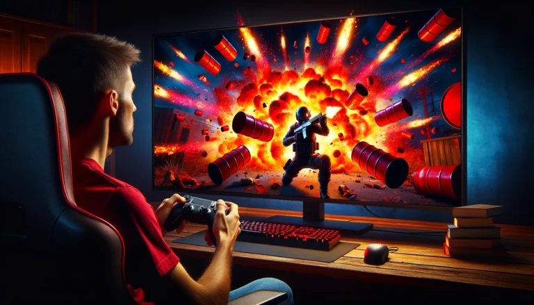 Dall·e 2024 05 20 15.54.37 A Rectangular Graphic Depicting A Man Watching Exploding Red Barrels In A Video Game. The Man Is Sitting In Front Of A Large Screen Holding A Game Co.webp.webp