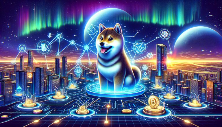 Dall·e 2024 05 23 12.31.37 A Wide Landscape Featuring The Shiba Inu Network In A Futuristic Setting. The Scene Includes Advanced Blockchain Technology Hubs Digital Nodes Connec.webp.jpeg