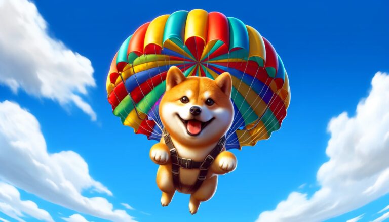 Dall·e 2024 05 29 11.49.59 A Wide Format Image Of A Shiba Inu Dog Resembling The Mascot Of The Shib Memecoin Parachuting From The Sky. The Shiba Inu Should Appear Joyful And E.webp.jpeg