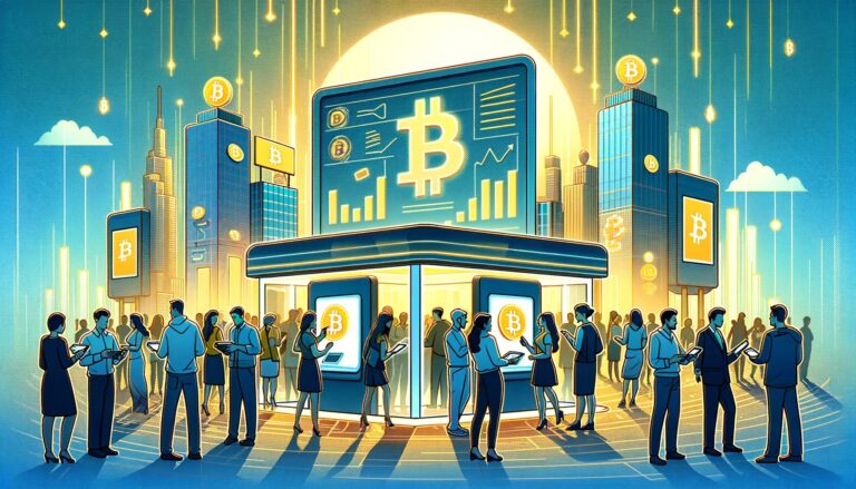 Dall·e 2024 05 29 14.22.53 A Bustling Cityscape Where People Are Enthusiastically Buying Bitcoin. In The Foreground Diverse Individuals Are Gathered Around Digital Kiosks And S.webp.jpeg