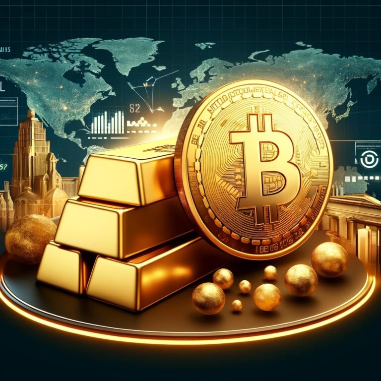 Dall·e 2024 05 31 17.30.27 A Conceptual Digital Illustration Representing The Debate Of Bitcoin Replacing Gold For National Reserves. The Image Should Feature A Large Scale With.webp.jpeg