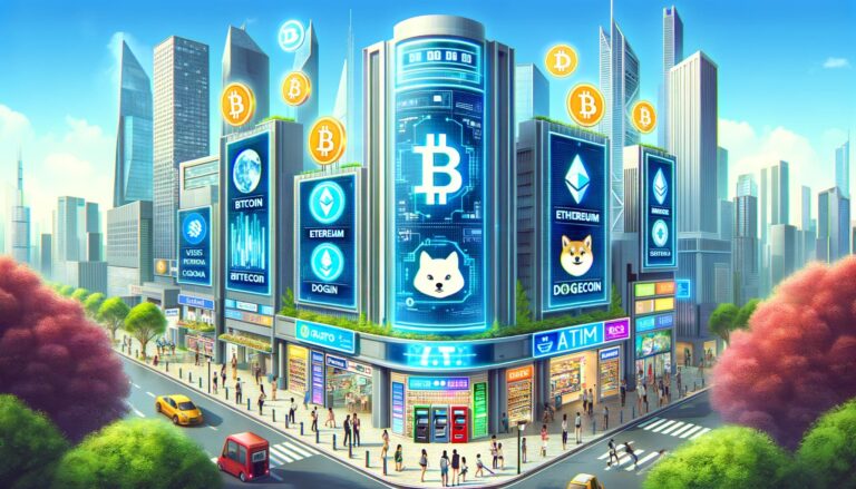 Dall·e 2024 06 01 21.13.53 A Futuristic Cityscape With Prominent Buildings Displaying Digital Screens Showing Various Cryptocurrencies Like Bitcoin Ethereum Dogecoin And Shib.webp.jpeg