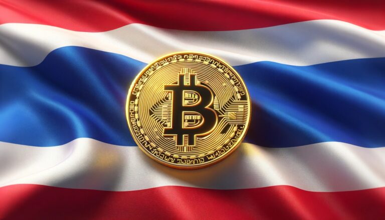 Dall·e 2024 06 04 14.07.04 A Wide Format Image Featuring The Thai Flag As The Background And A Large Golden Bitcoin Symbol In The Center. The Thai Flag Should Have Horizontal S.webp.jpeg