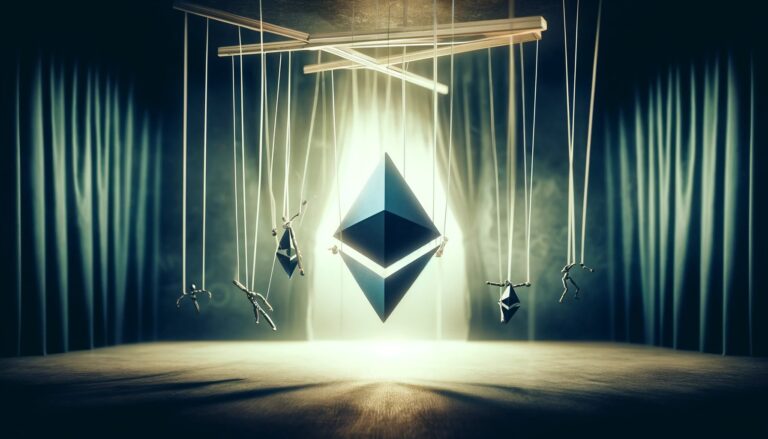 Dall·e 2024 06 05 09.41.19 A Wide Image Depicting Puppeteer Strings Coming From The Ceiling With The Ethereum Eth Logo Hanging From Them Symbolizing Control And Influence. T.webp.jpeg