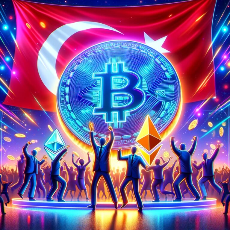 Dall·e 2024 06 05 17.40.23 A Vibrant Digital Artwork Featuring A Celebratory Scene With Crypto Investors Cheering Around A Large Glowing Digital Display Of A Bitcoin And Ethere.webp.jpeg