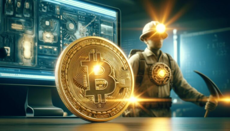 Dall·e 2024 06 06 09.54.03 A Wide Format Image Showing A Large Shiny Gold Bitcoin In The Foreground With A Figure Representing A Bitcoin Miner In The Background. The Miner Is D.webp.jpeg