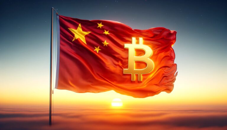 Dall·e 2024 06 07 07.49.46 A Digital Artwork Featuring The National Flag Of China Gracefully Fluttering With A Stylized Large Bitcoin Emblem Superimposed Over It. The Backgrou.webp.jpeg