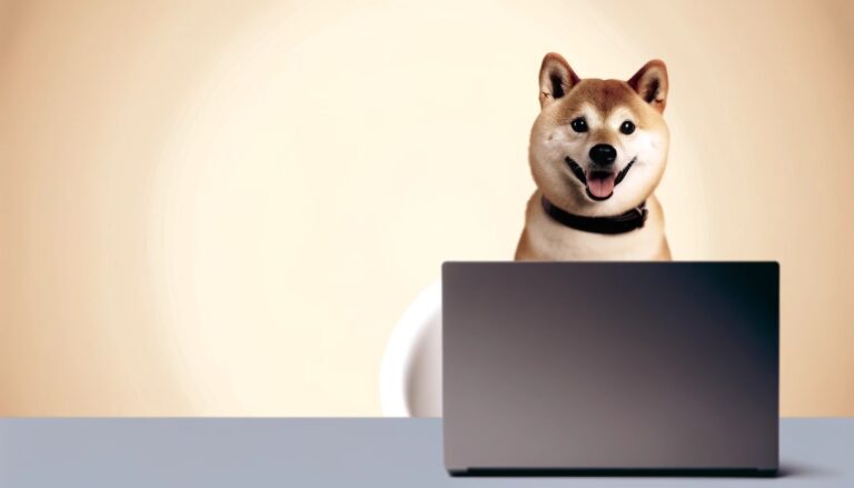 Dall·e 2024 06 12 09.20.46 A Wide Image Featuring A Shiba Inu Dog Styled To Resemble The Official Mascot Of The Shiba Inu Shib Cryptocurrency. The Dog Is Sitting Attentively I.webp.jpeg