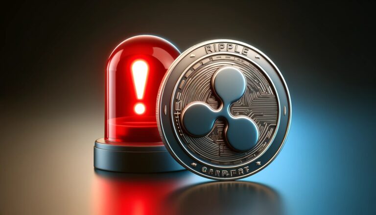 Dall·e 2024 06 18 11.10.04 A Realistic Depiction Of A Ripple Xrp Cryptocurrency Coin Prominently Displayed On The Left Side. Next To It On The Right Side A Vivid Red Alert S.webp.jpeg