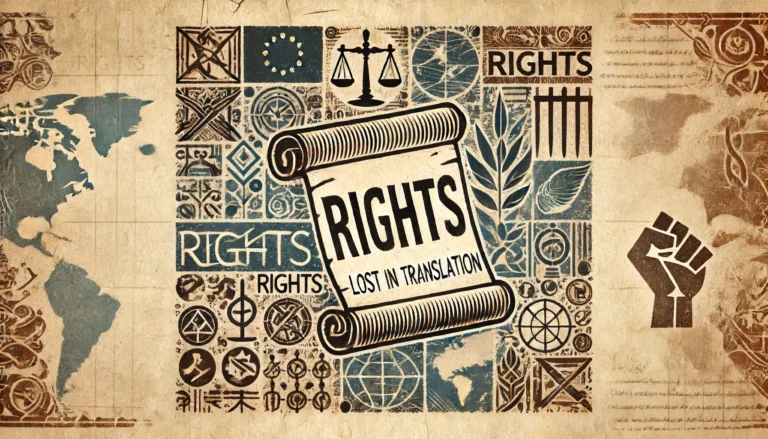 Dall·e 2024 06 18 12.47.40 A Rectangular Image Depicting The Notion Of Rights Lost In Translation. Show A Parchment Scroll With The Word Rights Written On It Partially Obsc.webp.webp