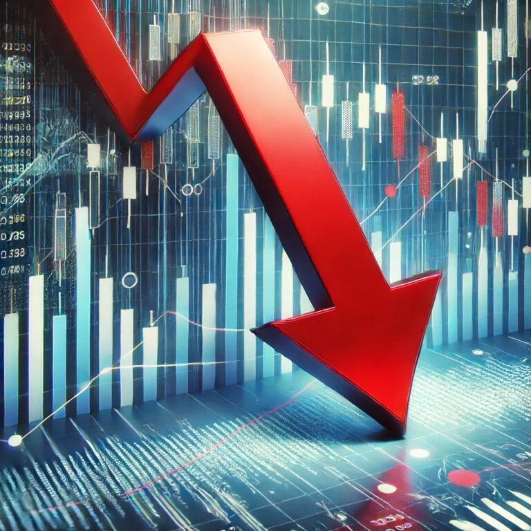 Dall·e 2024 06 18 14.38.14 A Wide Format Image Of A Financial Chart Displaying Downward Trends With A Prominent Red Down Arrow In The Foreground. The Chart Has Various Data Poin.webp.jpeg