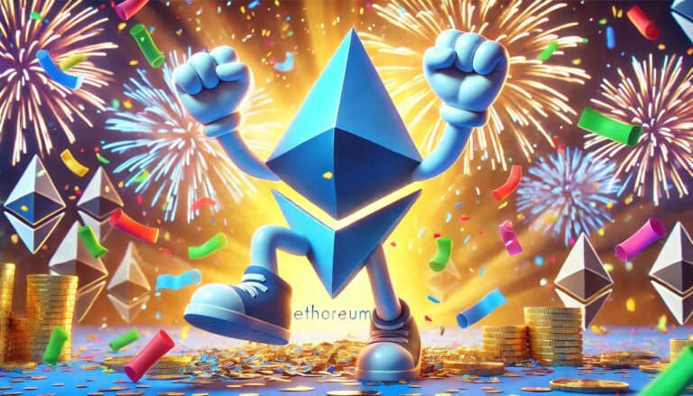 Dall·e 2024 06 19 06.40.47 A Celebratory Image Depicting The Ethereum Eth Logo As An Anthropomorphic Character Jubilant And Cheering. The Character Symbolizing Ethereum Has.webp.jpeg