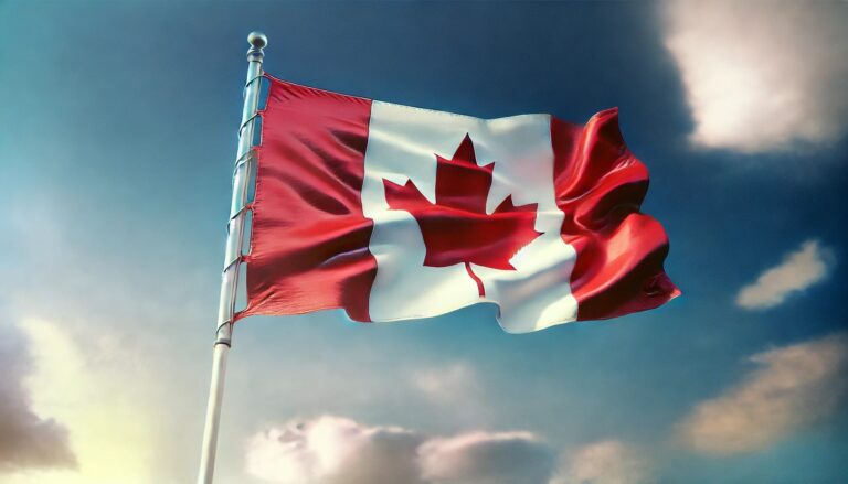 Dall·e 2024 06 21 07.08.13 A Wide Format Image Featuring A Prominent Canadian Flag Waving In The Wind With A Clear Blue Sky Background. The Flag Should Be The Main Focus Of The .webp.jpeg