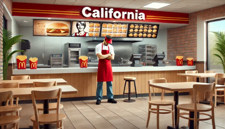 Dall·e 2024 06 21 11.18.58 A California Fast Food Restaurant That Is Empty Of Customers. The Setting Is Modern With Typical Fast Food Decor. There Is Just One Sad Worker Present.webp.webp