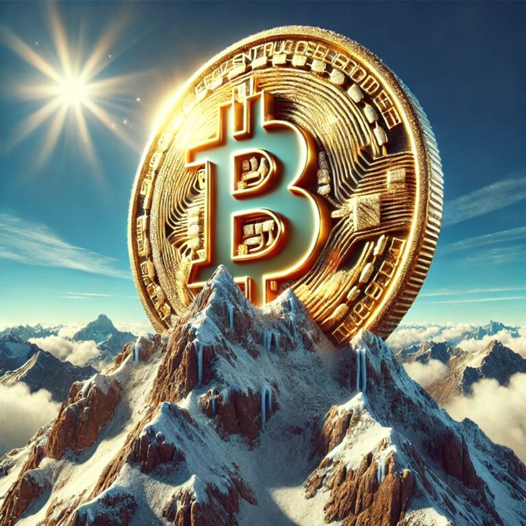 Dall·e 2024 06 25 07.23.43 A Vividly Realistic Digital Art Of A Giant Shimmering Gold Bitcoin Symbol Placed Atop A Rugged Snow Capped Mountain Peak. The Mountain Is Detailed W.webp.jpeg