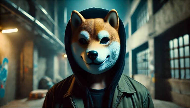 Dall·e 2024 07 02 08.27.33 A Wide Image Featuring An Anonymous Person Wearing A Shiba Inu Mask. The Person Stands In A Dimly Lit Moody Urban Setting Suggesting Mystery And Int.webp.jpeg