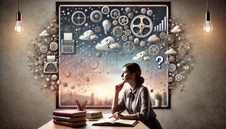 Dall·e 2024 07 02 13.38.48 A Rectangular Image Depicting The Concept Of Thinking About Thinking. The Scene Features A Woman Sitting In A Serene Environment Such As A Library .jpeg