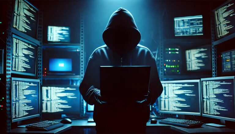 Dall·e 2024 07 03 11.08.19 A Mysterious Hacker In A Dark Room Lit Only By The Blue Glow Of Multiple Computer Screens. The Hacker Wears A Black Hoodie And Gloves Their Face Obs.webp.jpeg