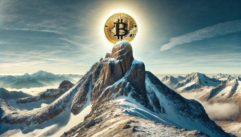 Dall·e 2024 07 05 09.57.52 A Golden Bitcoin Coin Prominently Displayed On The Very Peak Of A Tall Snow Covered Mountain. The Mountains Peak Should Be Sharp And Clearly Defined.webp.jpeg