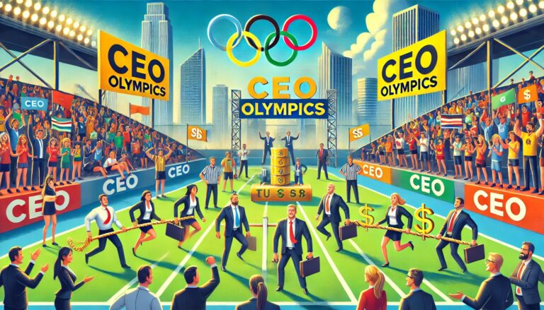 Dall·e 2024 07 09 09.26.54 A Vibrant Scene Depicting The Ceo Olympics. The Setting Is An Outdoor Stadium With Cheering Crowds. Several Ceos In Business Attire Are Participating .jpeg