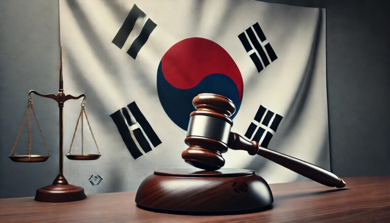 Dall·e 2024 07 11 13.32.54 A Wide Format Image Featuring A South Korean Flag Displayed Prominently On The Left Side. On The Right Side There Is A Traditional Wooden Judges Gav.webp.jpeg