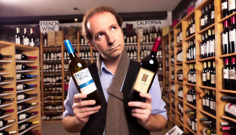 Dall·e 2024 07 17 15.14.40 A Consumer In A Wine Shop Holding A Bottle Of French Wine In One Hand And A Bottle Of California Wine In The Other. The Consumer Has A Thoughtful Exp.jpg