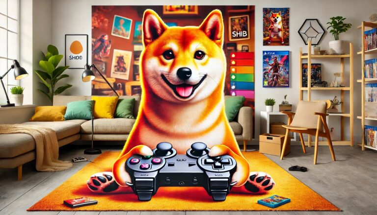 Dall·e 2024 07 18 11.15.33 A Wide Image Of A Shiba Inu Dog Resembling The Official Mascot Of The Shib Cryptocurrency. The Dog Is Holding A Gaming Controller In Its Paws Sitting.webp.jpeg