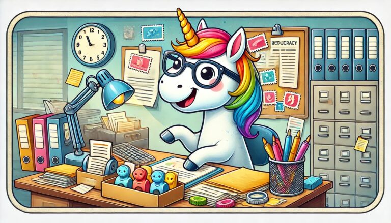 Dall·e 2024 07 19 16.00.26 A Whimsical Rectangular Illustration Of A Unicorn Happily Working In A Bureaucracy. The Unicorn Is At A Desk Filled With Paperwork Stamps And Office.jpeg